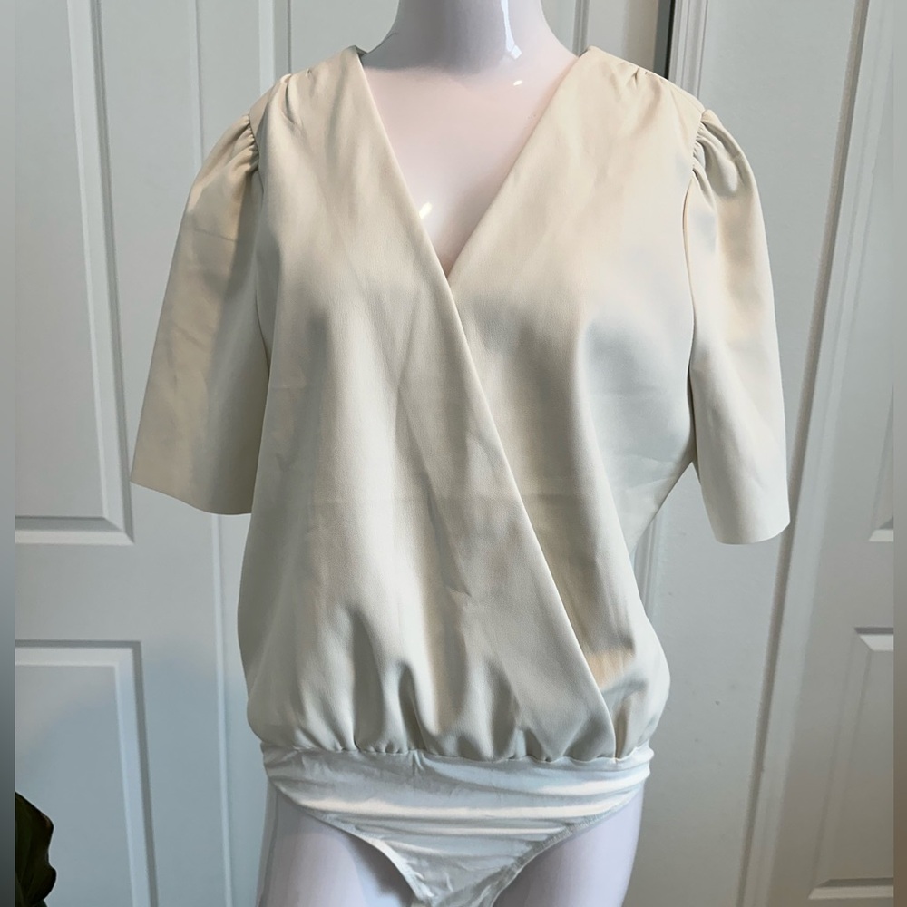 White wrap vegan leather body suit